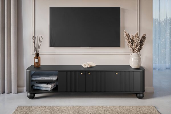 Comodă TV Vesper 187 cm trei uși - negru cu mânere aurii / picioare sferice