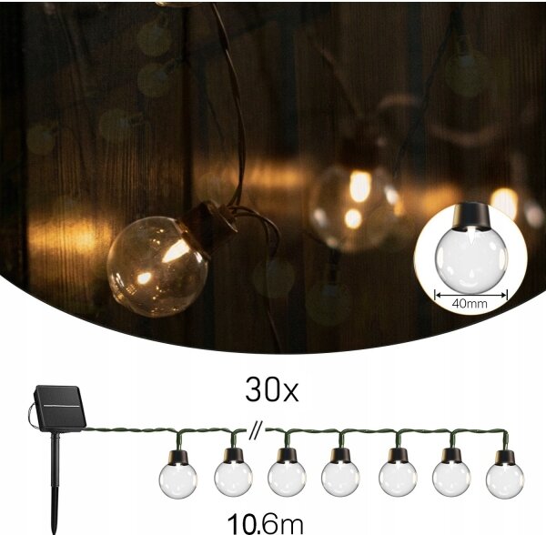 Ghirlandă solară decorativă cu 30 LED, 8 funcții, acumulator 500 mAh, 10,6 m, IP67, alb cald
