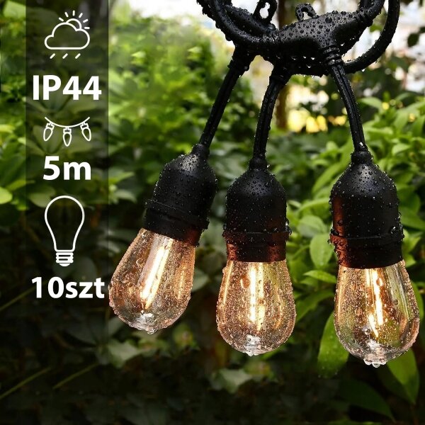 Ghirlandă decorativă LED pentru exterior 10x E27/1 W/230 V, 6,44 m, IP44, negru