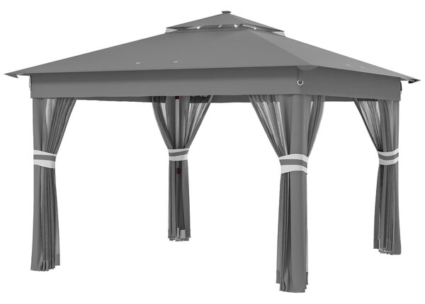 Outsunny Foisor tip pop-up 3 x 3(m), 20 lumini LED alimentate de la soare, perdele, tesatura tip plasa, geanta cu roti, 4 saci de greutate, Cort cu inaltime reglabila pentru evenimente, Gri