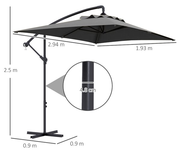 Outsunny Umbrelă Consolă 3m cu Bază în Cruce, Model Banana cu Manivelă, 6 Spite, Umbrelă Dreptunghiulară pentru Terasă, Gri | Aosom Romania