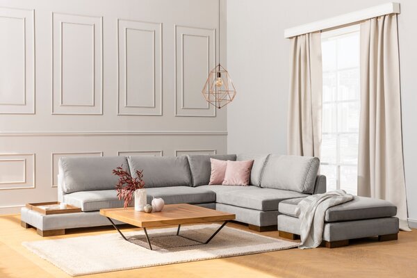 Coltar Tulip Velvet Gri Deschis Fix cu Spuma Poliuretanica, Sezlong pe Dreapta, tapitat cu Stofa Easy Clean, Taburet si Tava Servire Incluse, Perne Incluse, l313xA193xH80 cm