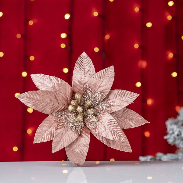 Decoratiune brad, floare Craciunita artificiala coniac catifea cu gliter Ø30 cm