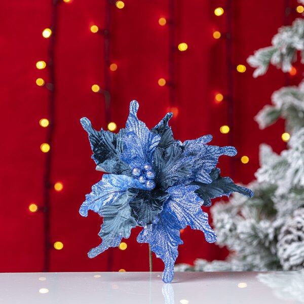 Decoratiune brad, floare Craciunita artificiala catifea cu glitter, diametru Ø27 cm, albastru