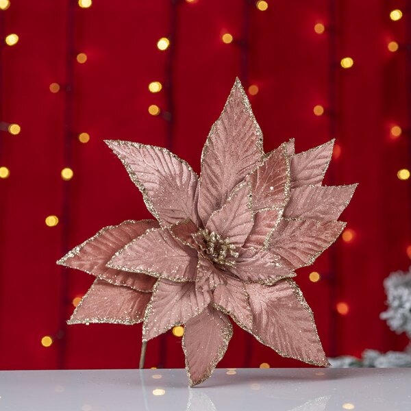 Decoratiune brad, floare Craciunita artificiala catifea cu glitter Ø29 cm, maro coniac