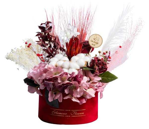 Aranjament in cutie roșie de catifea cu flori uscate, flori de mătase și flori criogenate