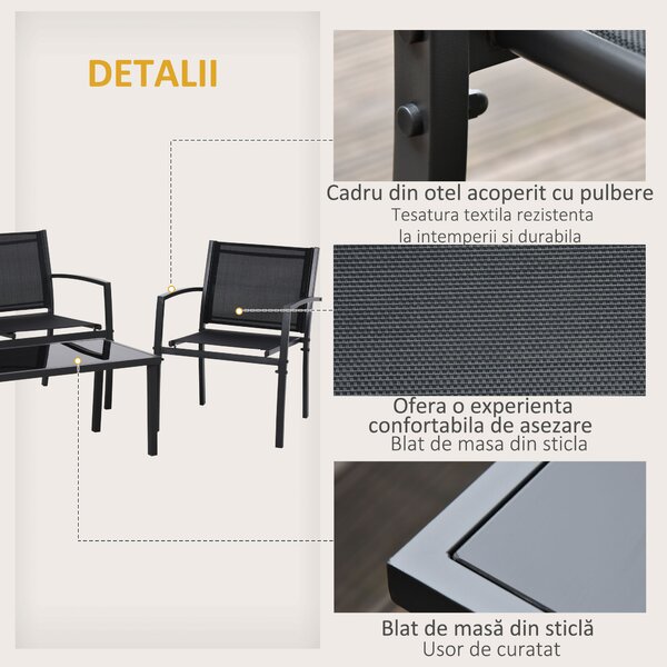 Outsunny Set de Gradina 4 bucati cu Masuta de cafea, 2 Scaune si o Panca in Metal, Negru | Aosom Romania