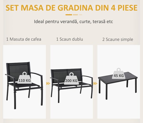 Outsunny Set de Gradina 4 bucati cu Masuta de cafea, 2 Scaune si o Panca in Metal, Negru | Aosom Romania
