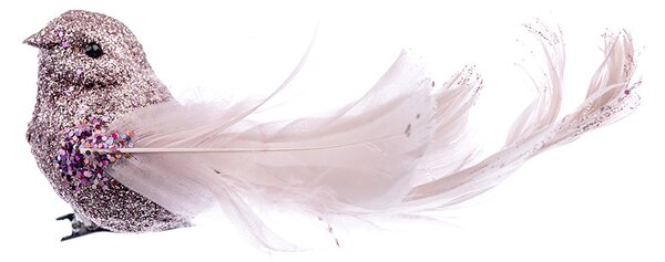 Decorațiune Craciun, Pasare cu pene naturale, 15 cm, Roz