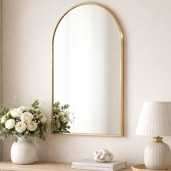 Oglinda eleganta de perete Pufo Glamour cu rama decorativa, oglinda minimalista pentru baie, hol, dormitor, living sau dressing, 70 cm, auriu