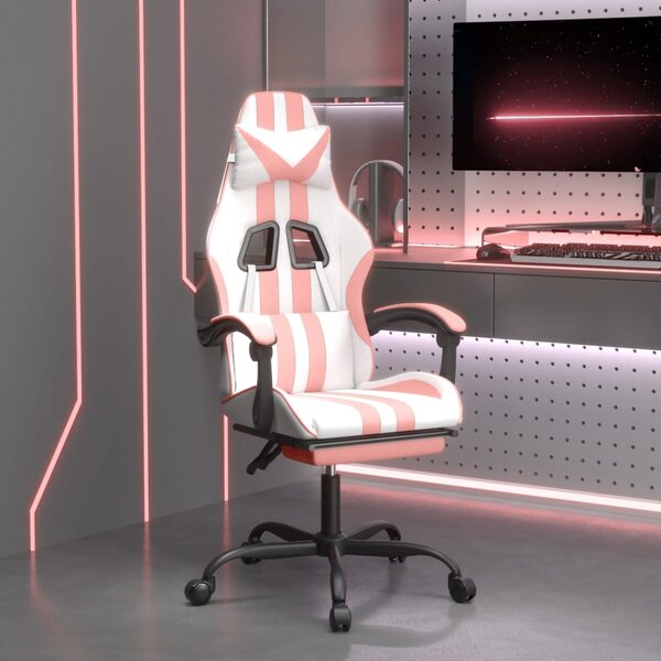 Scaun de gaming pivotant cu suport picioare alb&roz piele eco