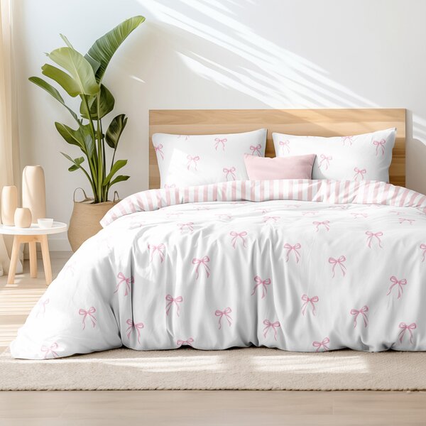 Goldea lenjerie de pat din 100% bumbac - fundițe roz cu dungi 140 x 200 și 50 x 70 cm