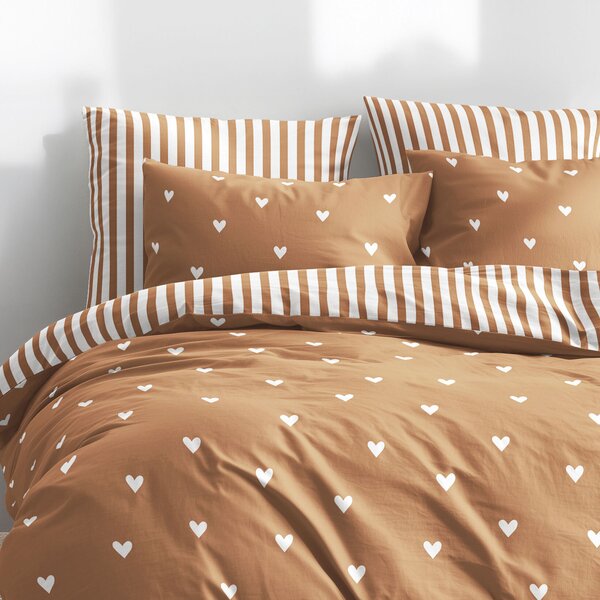 Goldea lenjerie de pat din 100% bumbac - inimioare pe maro de toamnă cu dungi 140 x 200 și 50 x 70 cm