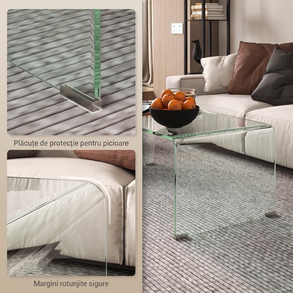 HOMCOM Măsuță din Sticlă Temperată Modernă pentru Living cu Design Monobloc, 80 x 45 x 35 cm, Transparent | Aosom Romania
