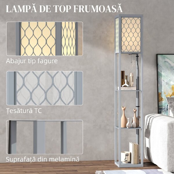 HOMCOM Lampadar Podea 2 în 1, 3 Rafturi, Economisire Spațiu, Soclu E27, 26x26x160 cm, Gri Deschis | Aosom Romania