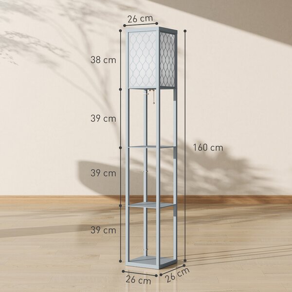 HOMCOM Lampadar Podea 2 în 1, 3 Rafturi, Economisire Spațiu, Soclu E27, 26x26x160 cm, Gri Deschis | Aosom Romania