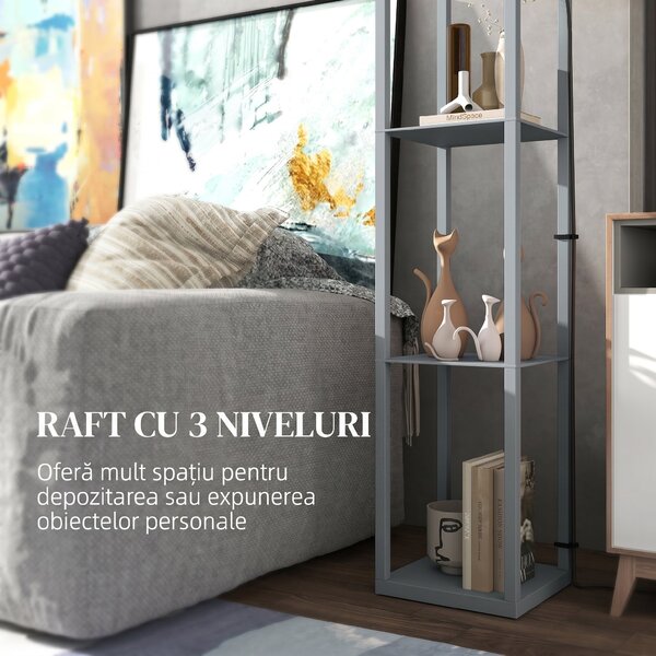 HOMCOM Lampadar Podea 2 în 1, 3 Rafturi, Economisire Spațiu, Soclu E27, 26x26x160 cm, Gri Deschis | Aosom Romania