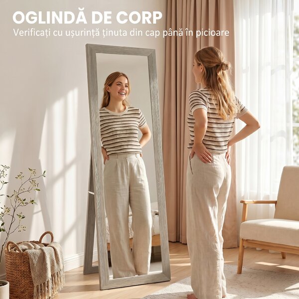 HOMCOM Oglindă Autoportantă Modernă, 37x157 cm, Oglindă de Perete și de Podea în Mărime Naturală cu Ramă din Lemn și Suport, pentru Dormitor, Living și Hol, Gri | Aosom Romania