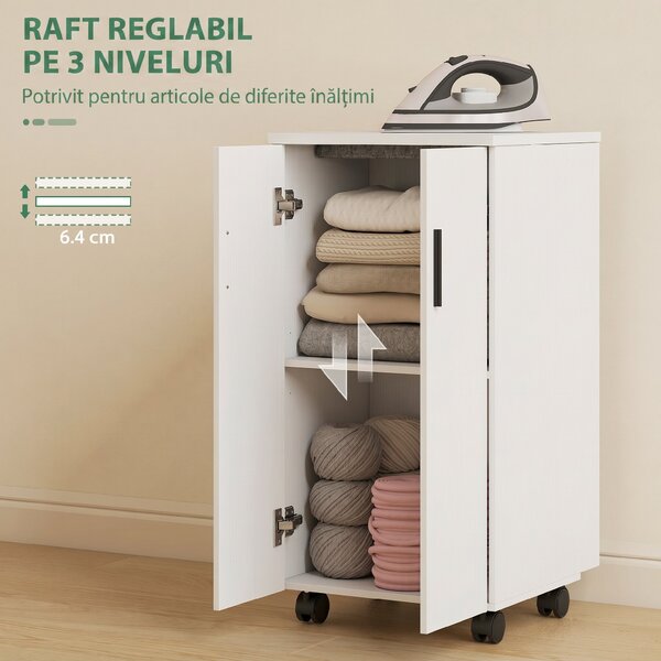 HOMCOM Mobilier pentru Masa de Călcat Pliabil cu Roți, Raft Reglabil și Închidere Soft Close, din Lemn și Material Textil, 128x43x83 cm, Alb | Aosom Romania