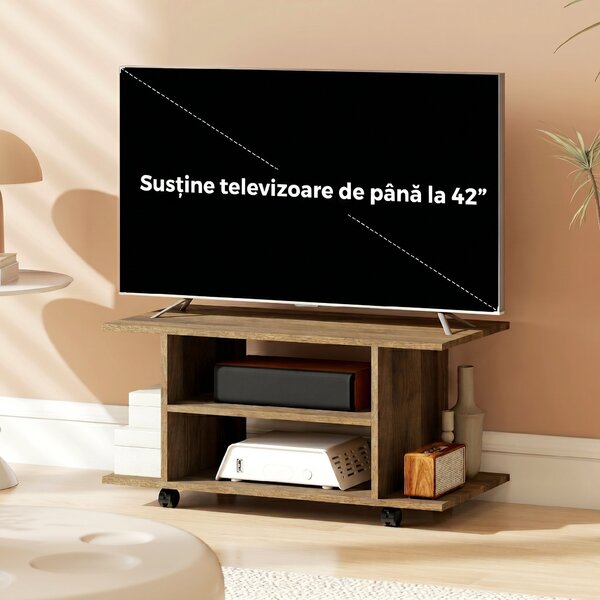 HOMCOM Suport TV Modern cu Rafturi, Roți Pivotante și Frâne, 80x40x40 cm, Nuc | Aosom Romania