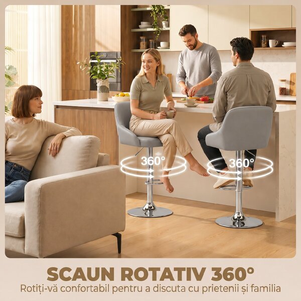 HOMCOM Set de 2 Scaune de Bar Rotative Reglabile pentru Bucătărie, Gri Deschis | Aosom Romania