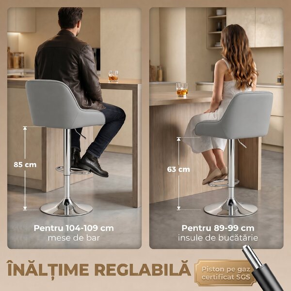 HOMCOM Set de 2 Scaune de Bar Rotative Reglabile pentru Bucătărie, Gri Deschis | Aosom Romania