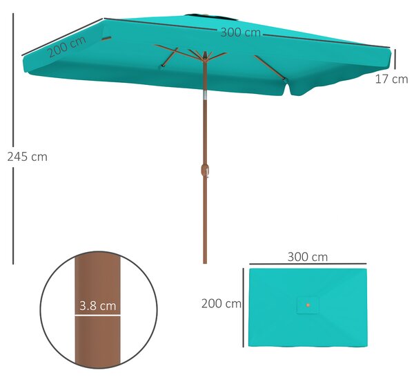 Outsunny Umbrelă de Grădină Înclinabilă cu Deschidere cu Manivelă și Orificiu de Aerisire, 300x200x235 cm, Turcoaz | Aosom Romania