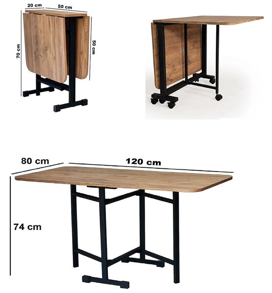 Masa Bucatarie pliabila cu roti Homs negru marmorat 120 x 80 x 74 cm