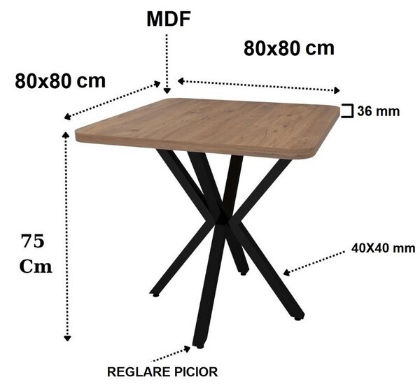 Masa de bucatarie din MDF alb, patrat, texturata, Homs 80x80X75 cm