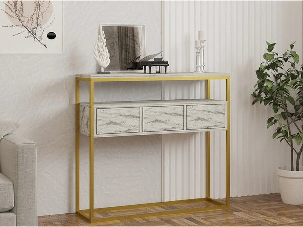 Consola GUARDA, alb cu efect de marmura/auriu, PAL melaminat/metal, 10