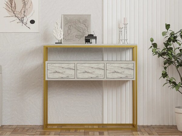 Consola GUARDA, alb cu efect de marmura/auriu, PAL melaminat/metal, 10