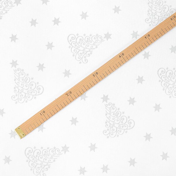 Goldea țesătură impermeabilă pentru fețe de masă - brazi și steluțe argintii pe alb 160 cm