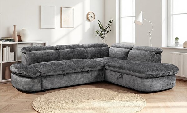 Colțar Extensibil Cremona KF7933 cu Ladă Depozitare, Șezlong Dreapta, Gri