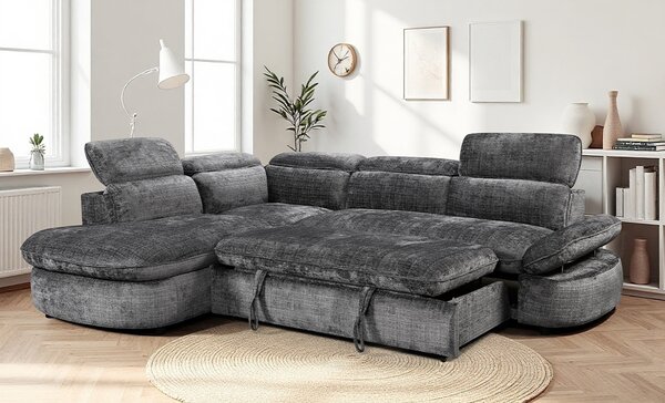 Colțar Extensibil Cremona KF7933 cu Ladă Depozitare, Șezlong Stânga, Gri