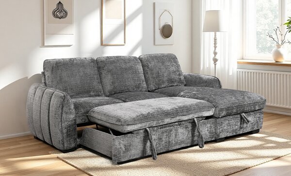 Colțar Extensibil Cremona KF7942 cu Ladă Depozitare, Șezlong Dreapta, Gri