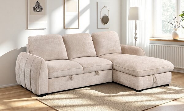 Colțar Extensibil Cremona KF7942 cu Ladă Depozitare, Șezlong Dreapta, Bej