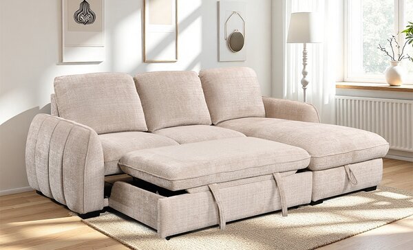 Colțar Extensibil Cremona KF7942 cu Ladă Depozitare, Șezlong Dreapta, Bej