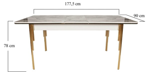 Masa extensibila DAMLA 1102, alb cu efect de marmura/auriu, PAL melami