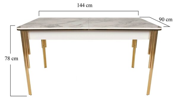 Masa extensibila DAMLA 1102, alb cu efect de marmura/auriu, PAL melami