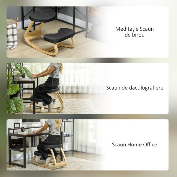 HOMCOM Scaun genunchi ergonomic, din Țesătură cu Aspect de In și Lemn, 50x73x55 cm, Negru | Aosom Romania