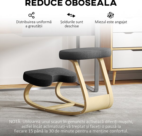 HOMCOM Scaun genunchi ergonomic, din Țesătură cu Aspect de In și Lemn, 50x73x55 cm, Negru | Aosom Romania