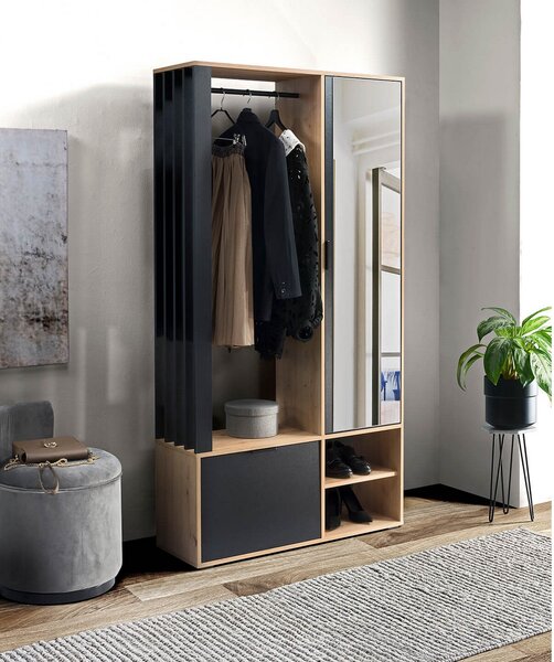 Set hol MILO, stejar atisan/negru, PAL laminat/metal, 100x33x189 cm