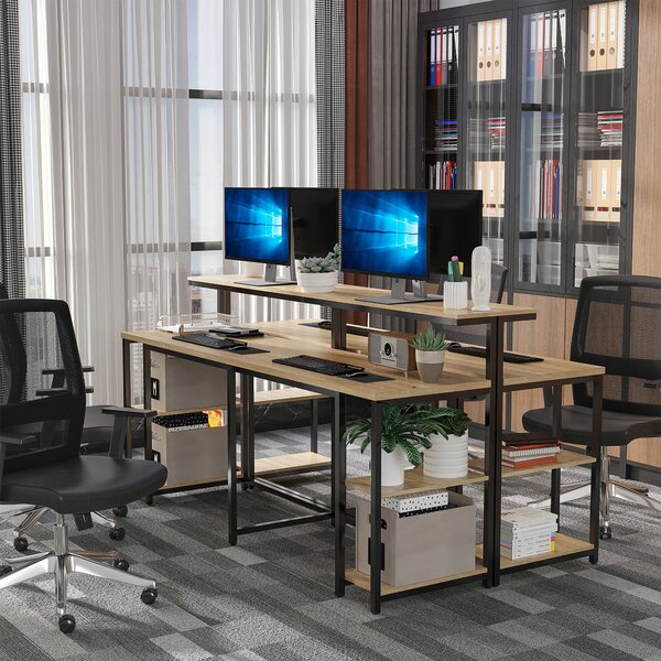 Birou dublu Stil Industrial HOMCOM, MDF/Metal, 200x53x100 cm, Negru/Maro | Aosom Romania