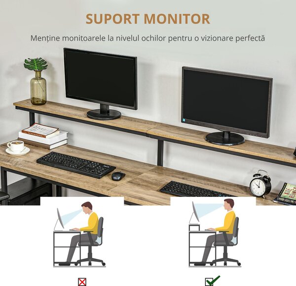 Birou dublu Stil Industrial HOMCOM, MDF/Metal, 200x53x100 cm, Negru/Maro | Aosom Romania