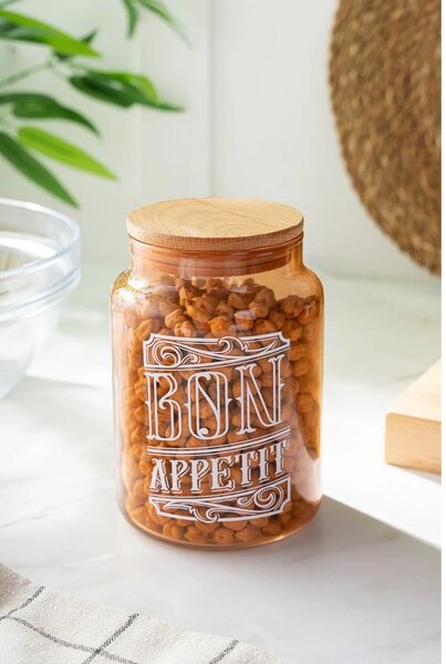 Borcan cu capac 503HRN1185, portocaliu/maro, sticla/lemn, 890 ml