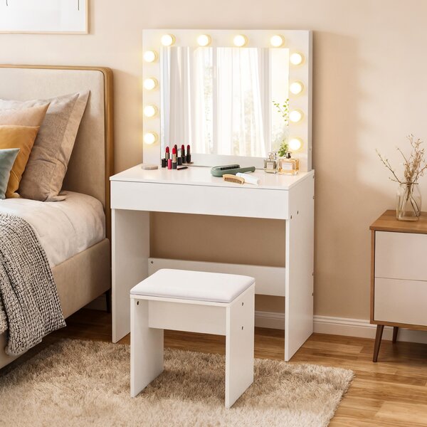 HOMCOM Masă de Machiaj Vintage cu Scaun Tapitat, Oglindă cu 12 Lămpi LED, Sertar Mare, MDF Alb, pentru Dormitor | Aosom Romania
