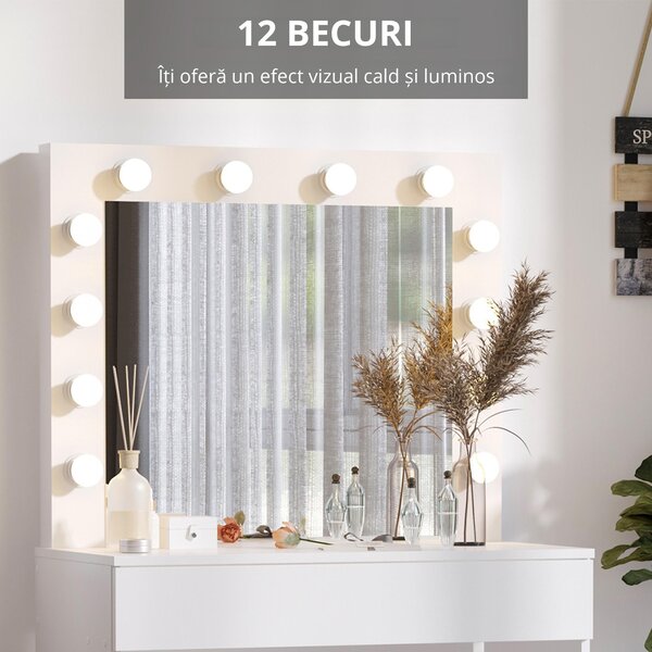 HOMCOM Masă de Machiaj Vintage cu Scaun Tapitat, Oglindă cu 12 Lămpi LED, Sertar Mare, MDF Alb, pentru Dormitor | Aosom Romania