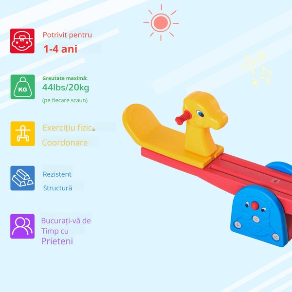 HOMCOM Leagăn Balansoar cu Mânere Antiderapante pentru Copii 1-4 Ani din Plastic HDPE, 150x32x60 cm, Multicolor | Aosom Romania