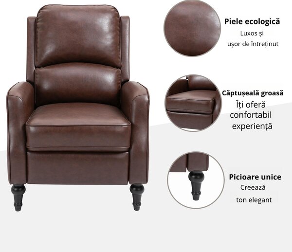 HOMCOM Fotoliu Relax Rabatabil 90° si 150° Manual pentru TV, sufragerie, camera, design modern din piele 73x86x104cm | Aosom Romania