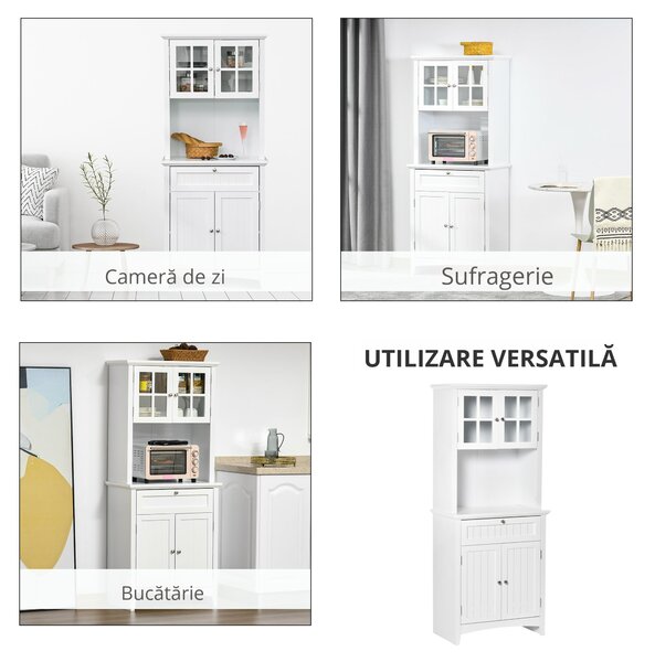 HOMCOM Dulap pentru bucatarie si sufragerie cu 2 compartimente, rafturi reglabile si masa, MDF, 68,6x40x164 cm, alb | Aosom Romania